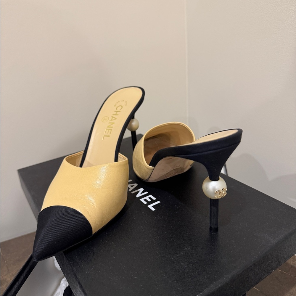 Chanel Black and Beige High Heeled Mules